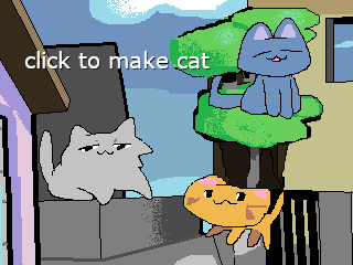 cover of click to make cat made in mspaint with some cats on a town background