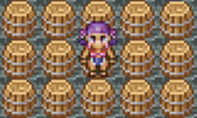 cover of goblin mines, with an rpgmaker 2003 character standing among barrels