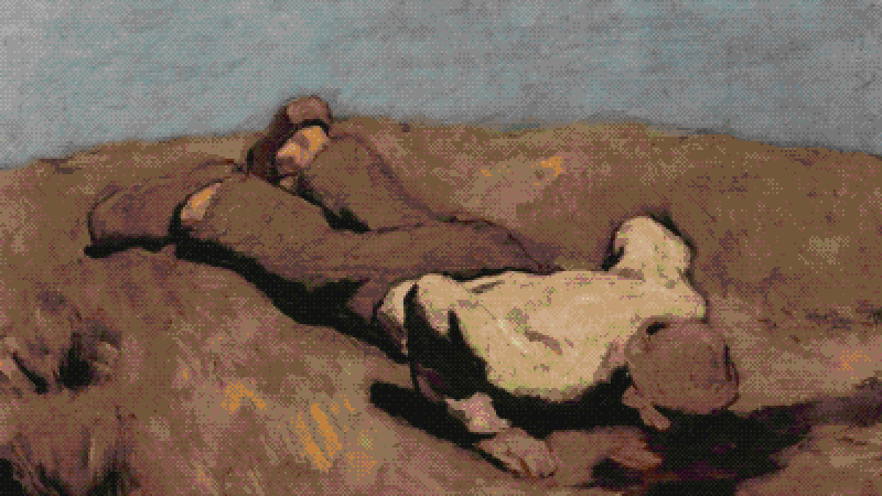 cover of ive fallen, with pixellated painting of a man lying on the ground by albin egger-lienz