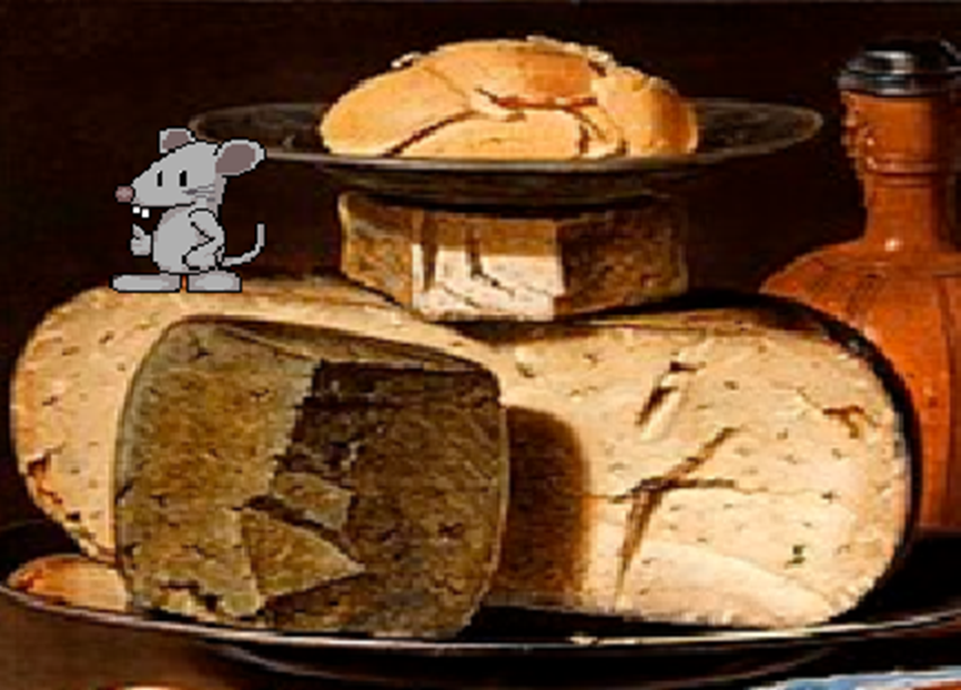 cover of mouse in a world of cheese, with a mouse sprite standing on a painting of cheeses
