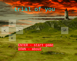 cover of trial of you, with a digital painting of a mountain ridge with a tower on it, and title trial of you written above it