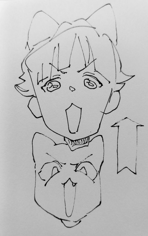 ink on paper drawing of an anime cat's face transforming into anime catboy