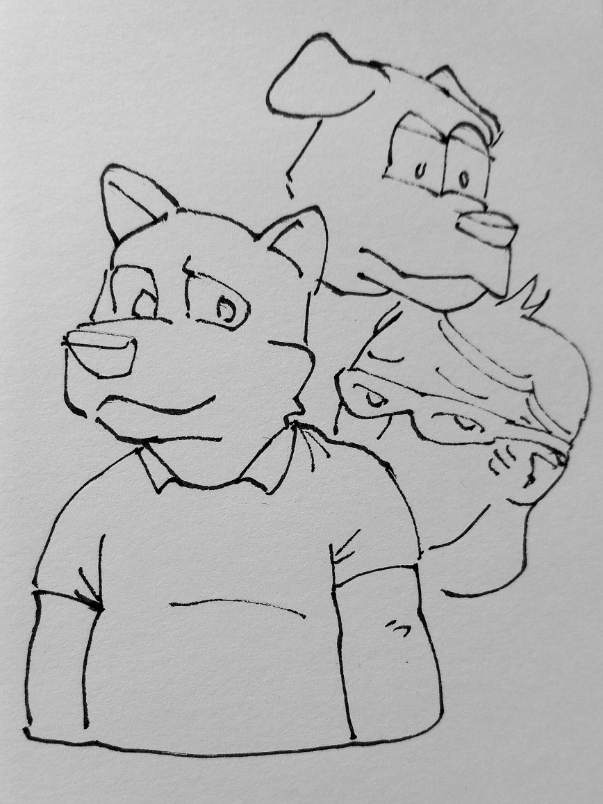 ink on paper drawing of a furry dog character, with some portraits in the background