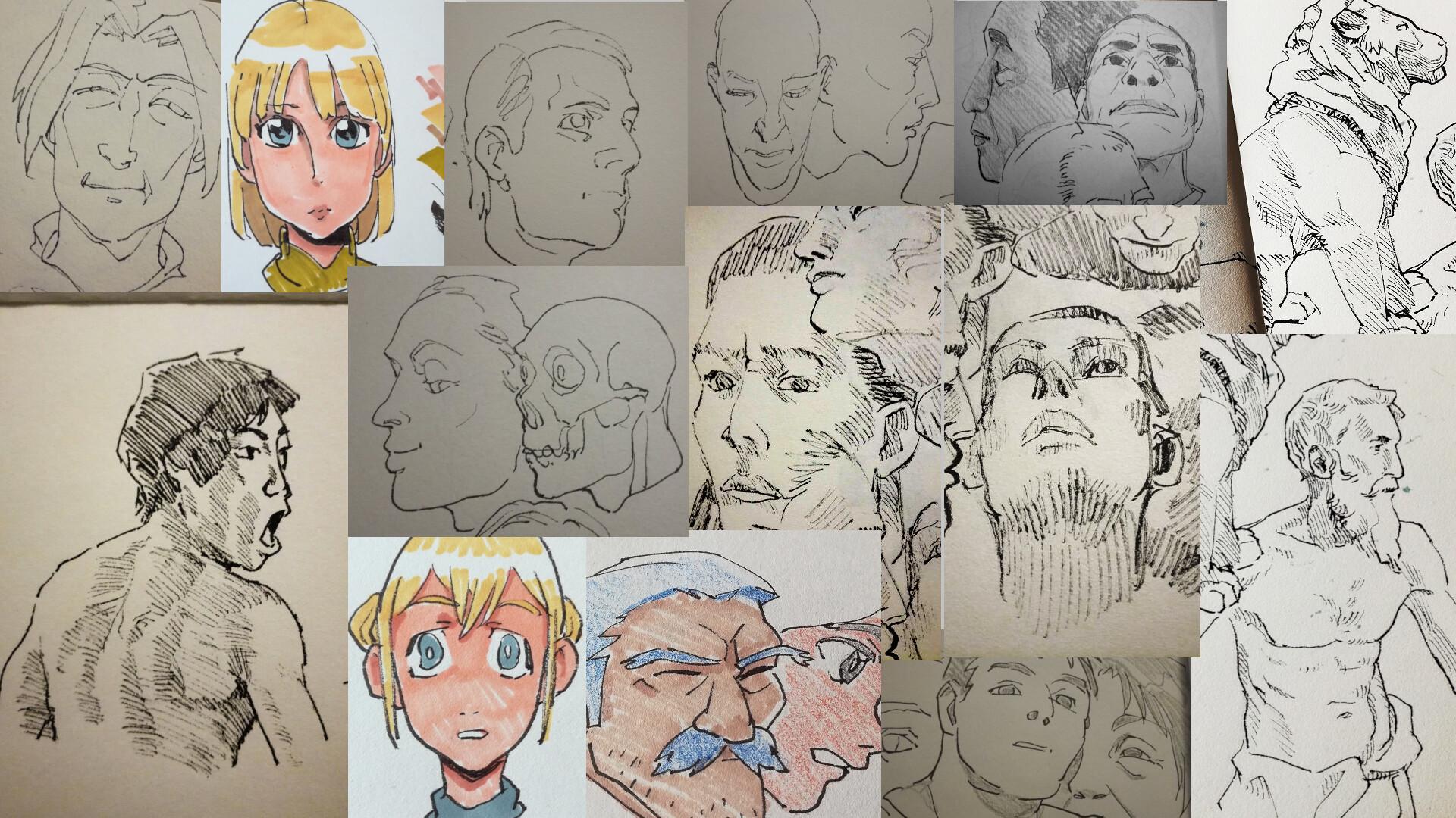 commpilation of ink on paper sketches including portraits and figure drawings