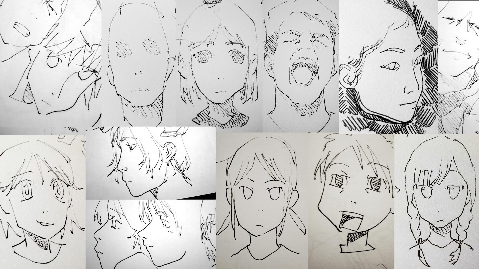 compilation of ink on paper sketches of different character portraits