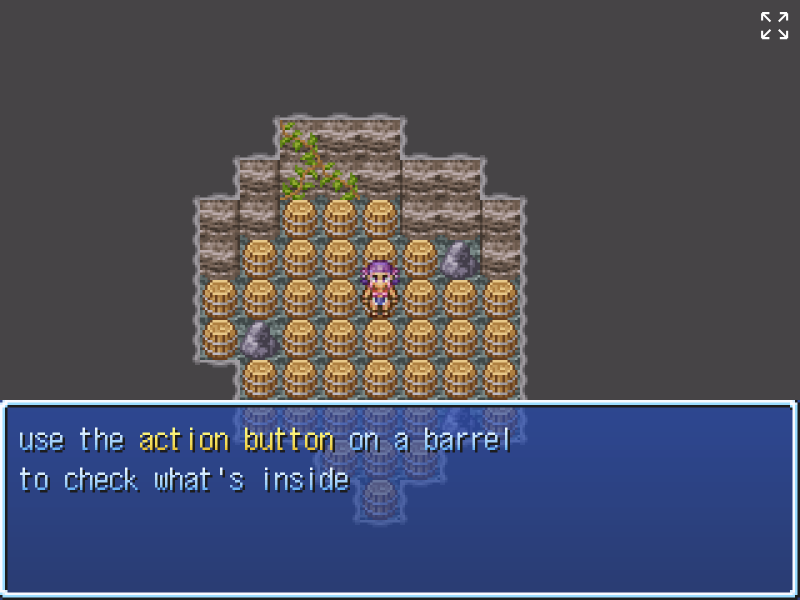 character from rmaker 2003 in a map full of barrels. text says use the action button on a barrel to check what's inside