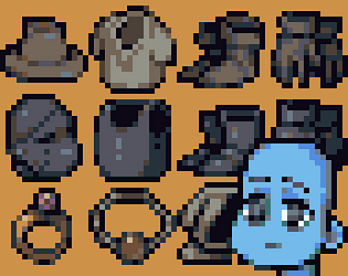 pixelart image of several types of clothes and armor arranged in a tileset, with a portrait of a sad peb in front