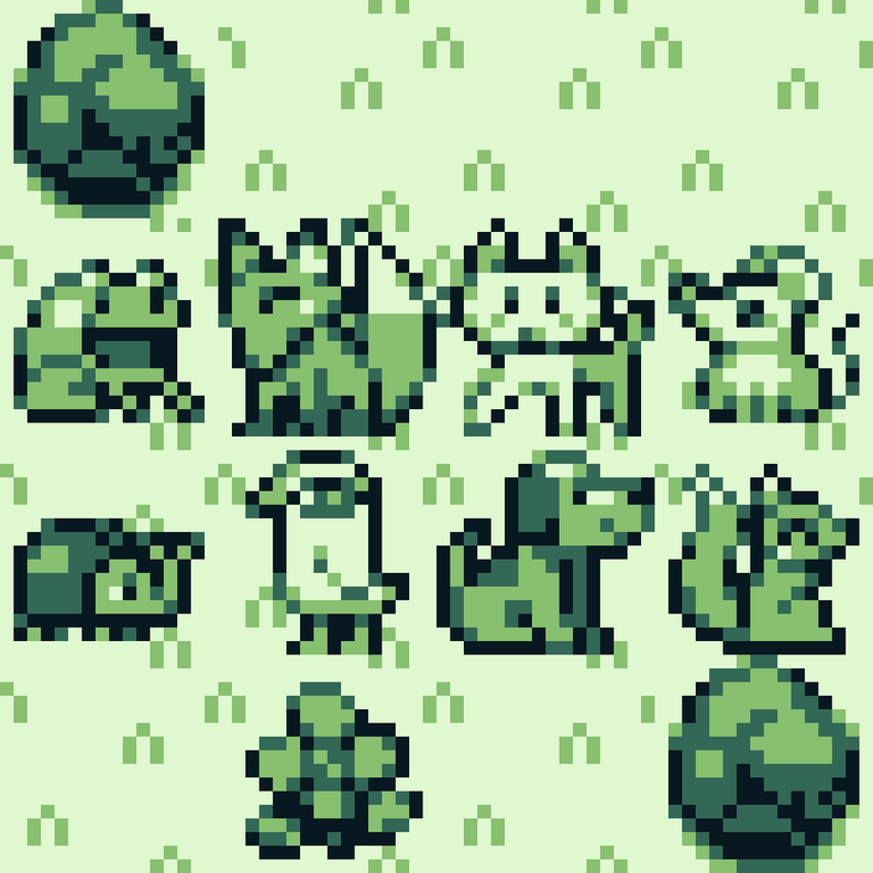 pixelart image of a few different cartoon animals in gameboy palette