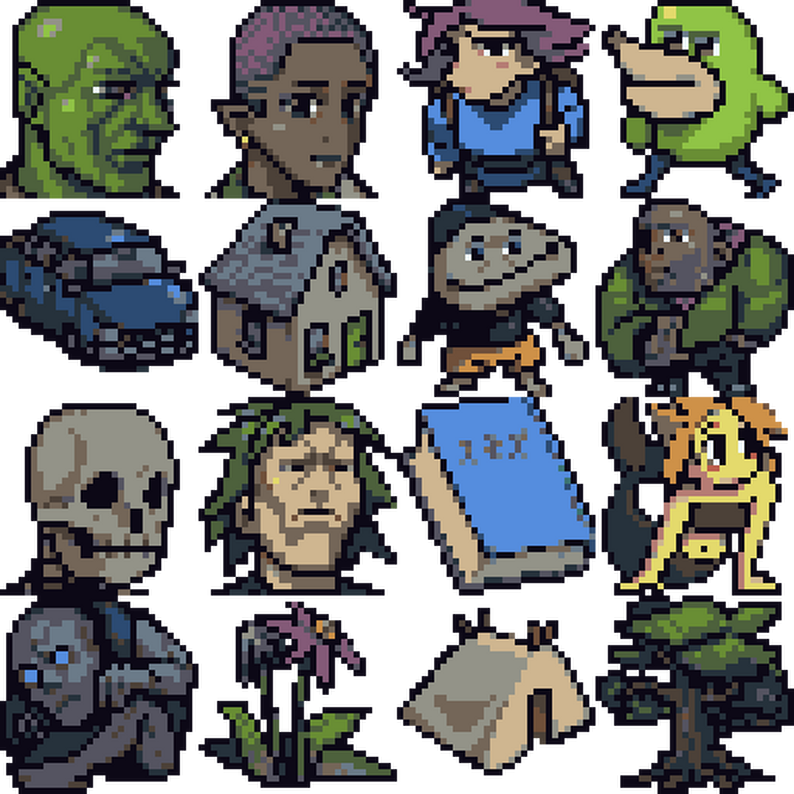 pixelart image of several portraits, characters, monsters and items in a limited palette