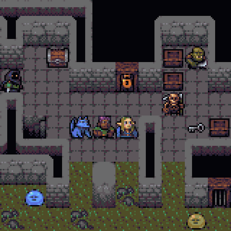 pixelart image of an elf, human and wolf character on a dungeon tilemap, with some monsters, crates and doors around