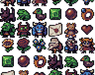 pixelart image of multiple tiny characters, monsters, animals and items in a limited palette