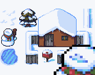 pixelart tileset with snow, a snowman, a house covered with snow and a tree... also with snow